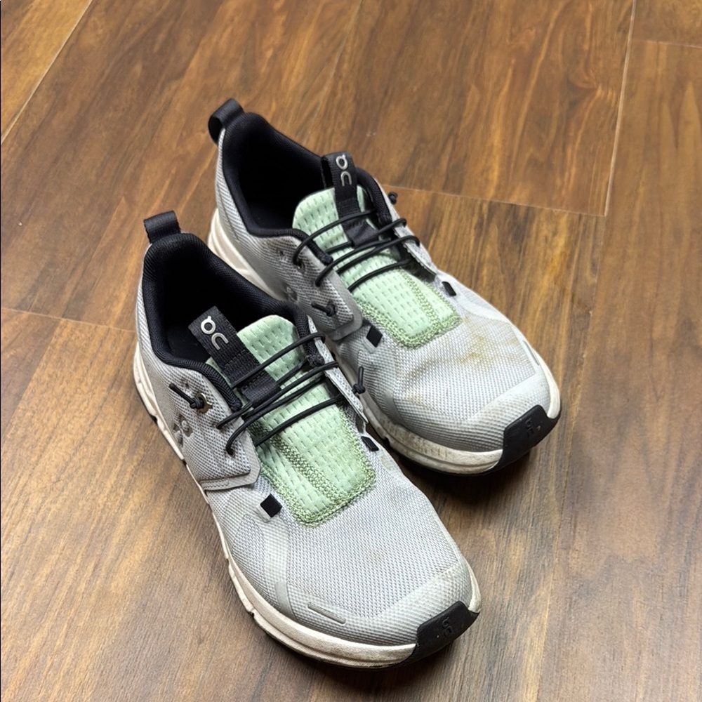 On Running Gray and Green Sneakers with Cushioned Sole